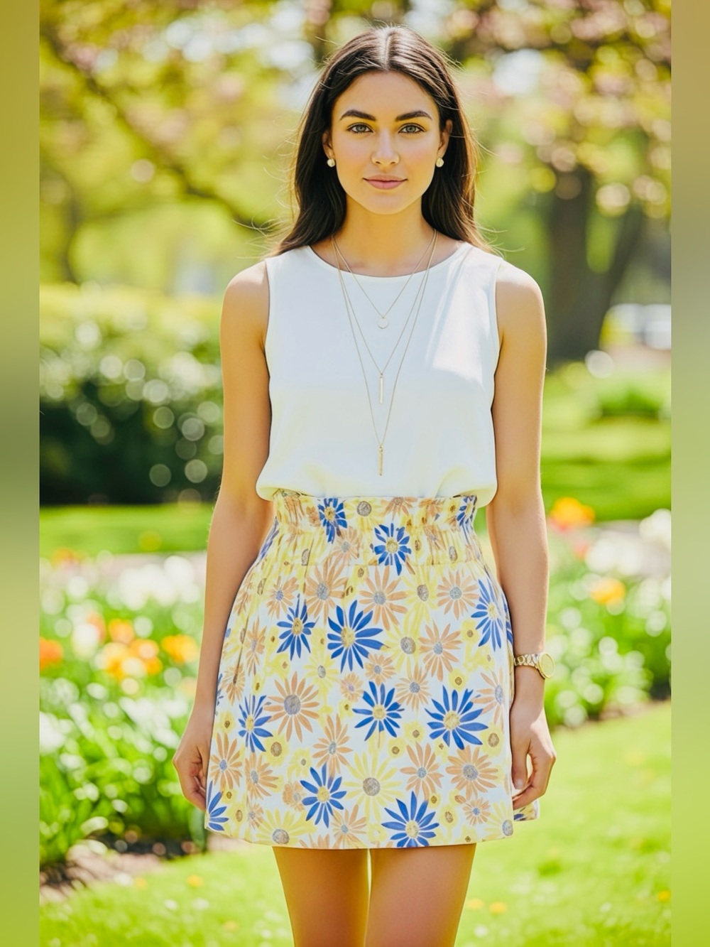 l*space Yellow, Purple & Peach Floral Smocked Waist Skirt - XS, New (Never Worn)